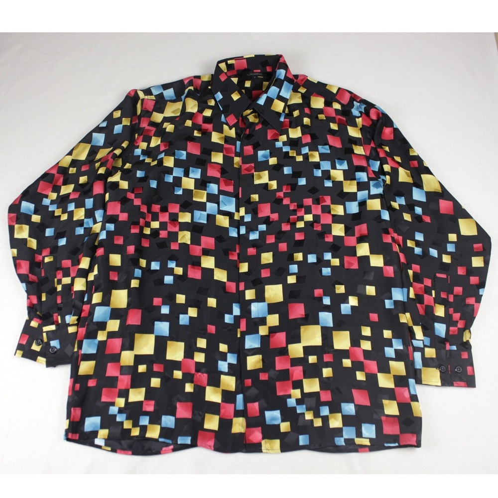 Genelli‎ 100% Silk Abstract Geometric Button Up Shirt Mens M Black Multicolor